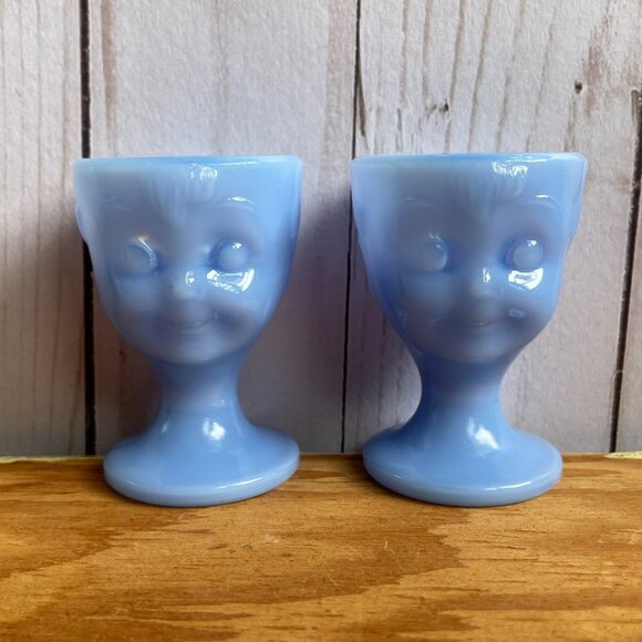 Guernsey Delphite Blue Hummel Child Face Egg Cup Set of 2 NEW Vintage Deadstock - Picture 1 of 10